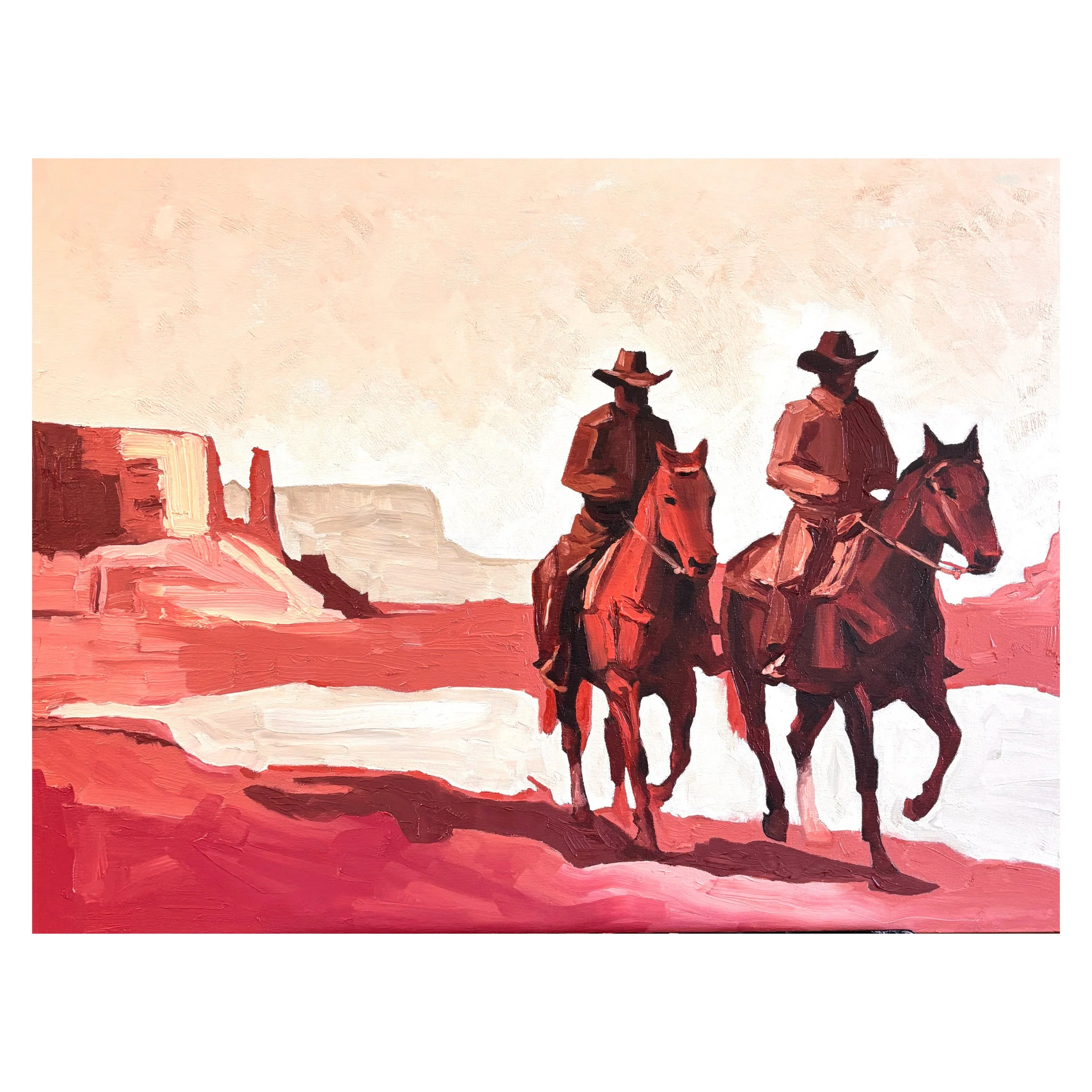 Painting of two cowboys on horseback riding through a desert landscape with mesas in the background, using warm colors and loose brushstrokes.