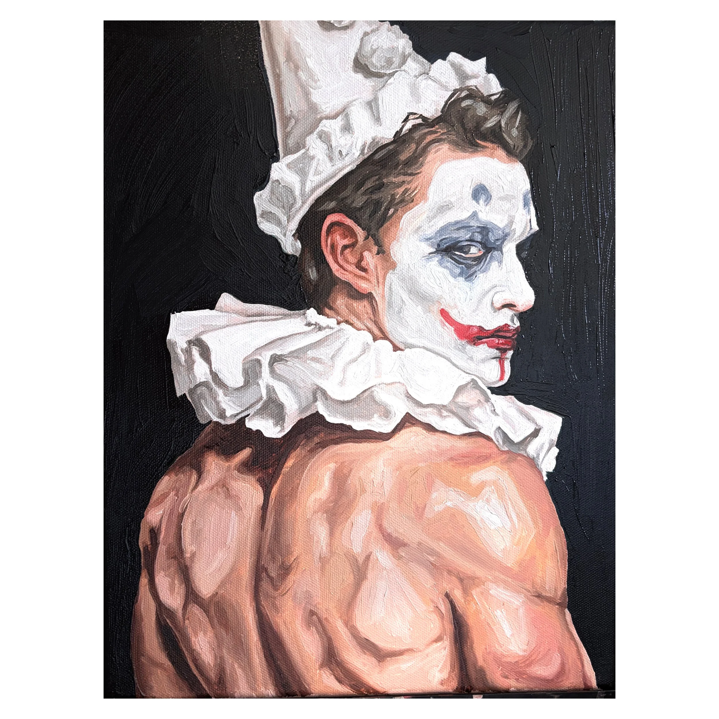 A painting of a muscular man with makeup resembling the Joker, wearing clown makeup, a ruffled white collar, and a headpiece, against a dark background.