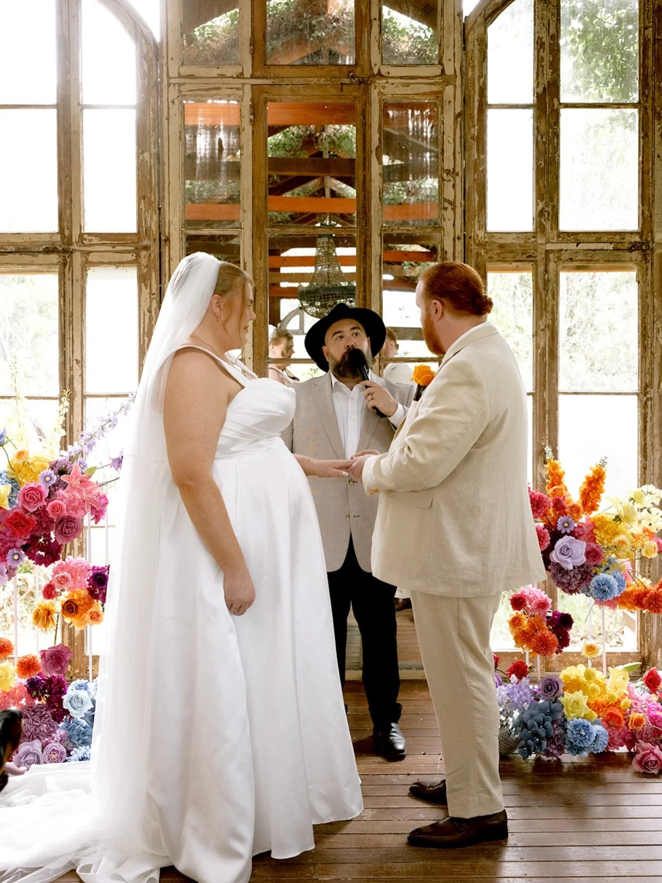LAUREN + COREY 
&bull;
Colourful florals for two happy, joy filled souls.
A stunning bride and Mum to be, glowing in every moment&hellip; 
Set at the most picturesque venue @thewoodsfarm 
Every detail came together to create a celebration that felt a