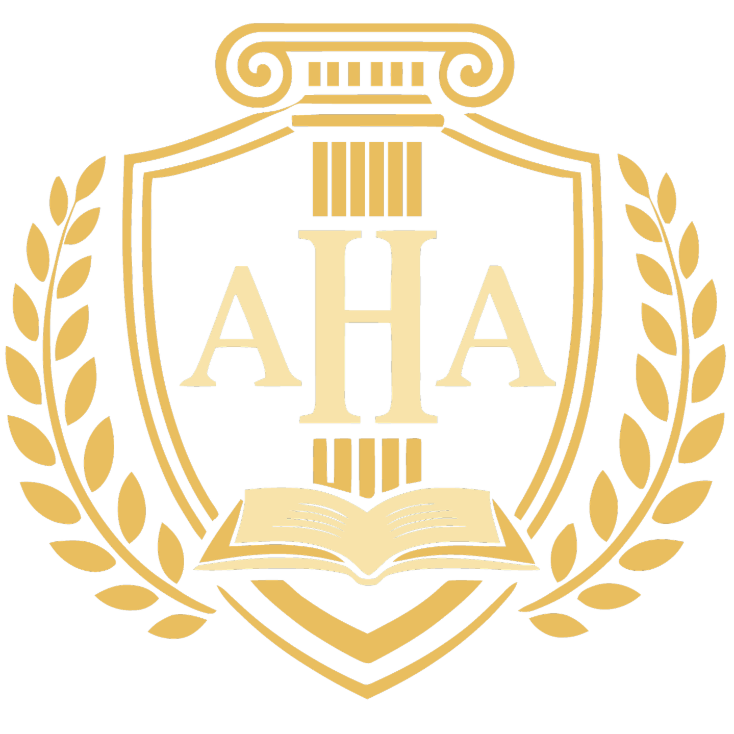 A shield-shaped emblem with a black background, featuring a gold laurel wreath border. In the center, there are three capital letters A, H, and A, with the H larger and in the middle. Below the letters is an open book, and above the shield is a stylized column or pillar.