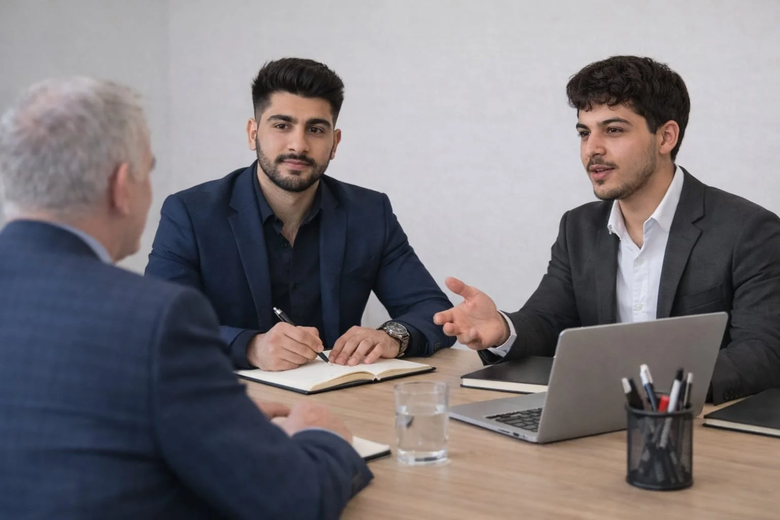 Three men in business attire having a professional discussion at a conference table in an office setting.