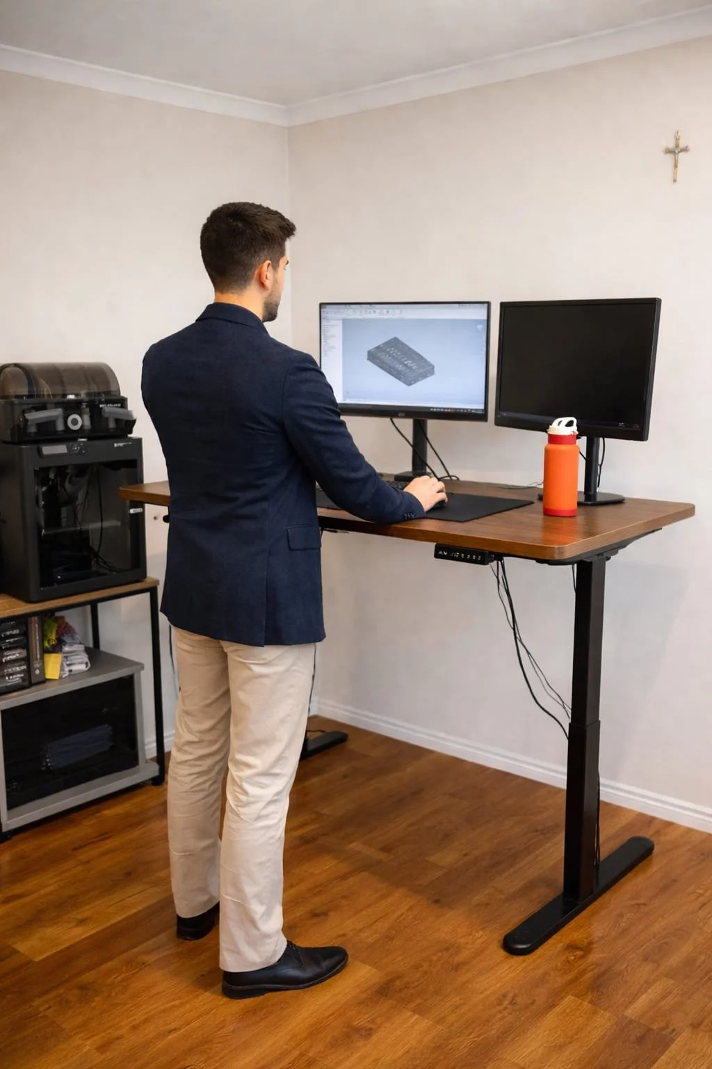Man working at a standing desk with two monitors, 3D computer-aided design on one screen, water bottle on desk, 3D printer and shelf with supplies nearby.