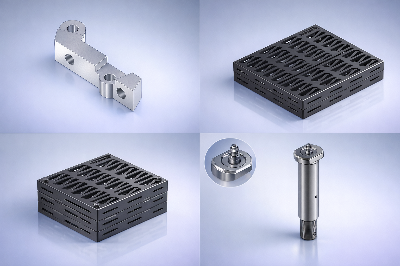 Multiple metallic machine parts, including a rectangular bracket, a perforated square plate, a cylindrical component, and a bolt with a square base, arranged on a plain background.