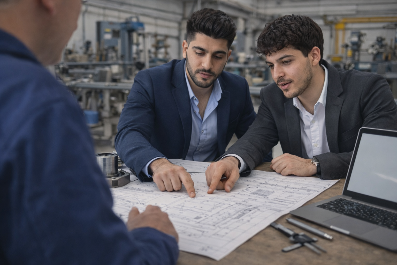 Three men in business attire discussing blueprints at a table in an industrial setting.