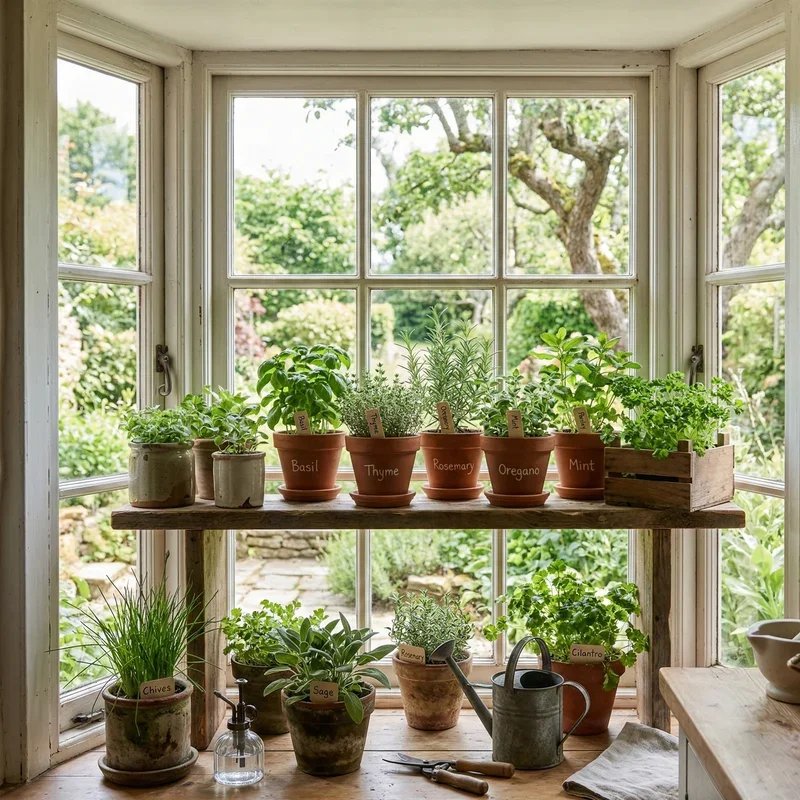 Small herb garden in terracotta pots lined along a sunny bedroom windowsill