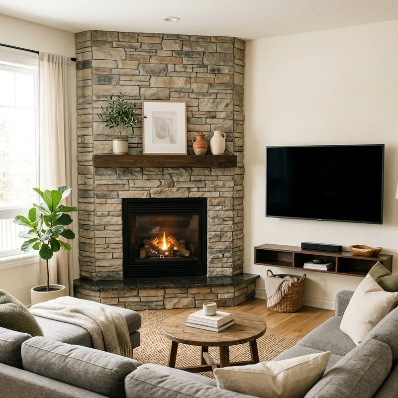 Corner Fireplace and TV Living Room Decorating Ideas