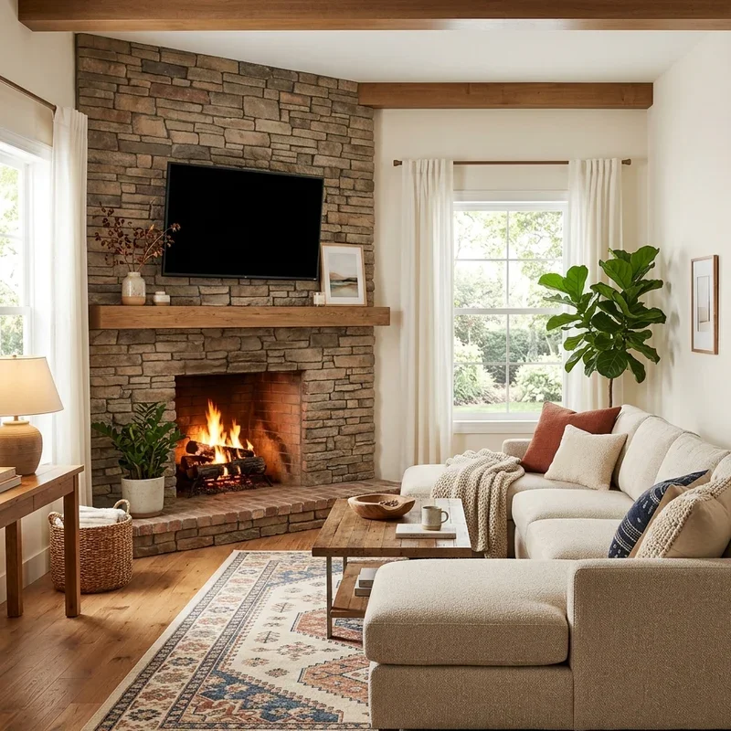 Corner Fireplace and TV Living Room Decorating Ideas