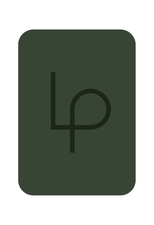 A dark green playing card with a minimalist black symbol resembling a stylized 'L' and 'P' interwoven.