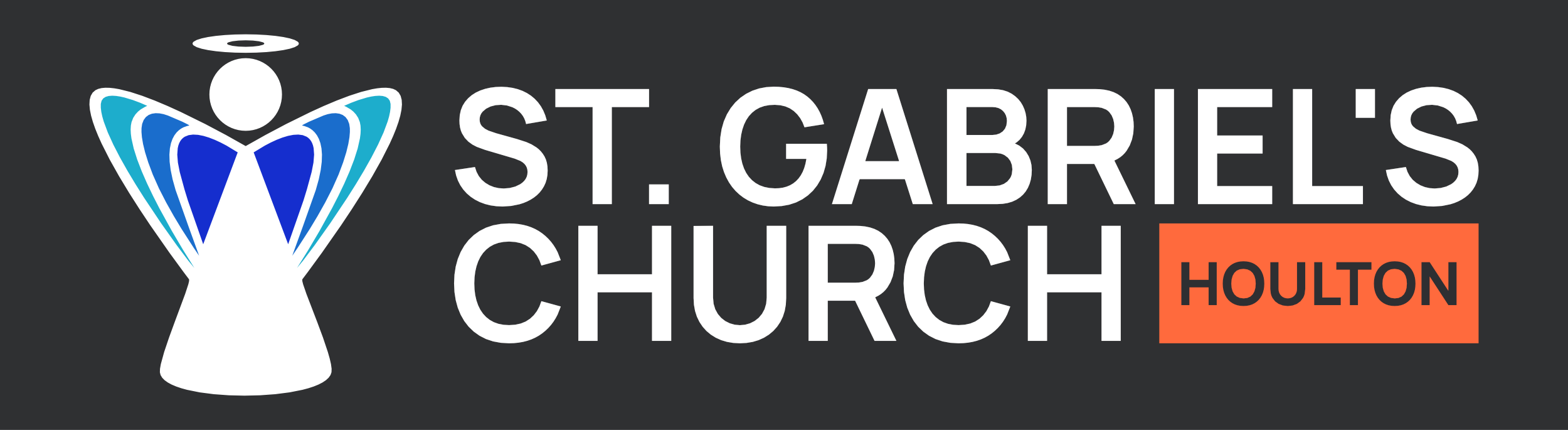 Logo for St. Gabriels Church in Houlton, featuring an angel figure with stylized wings and halo, with the church name and location text.
