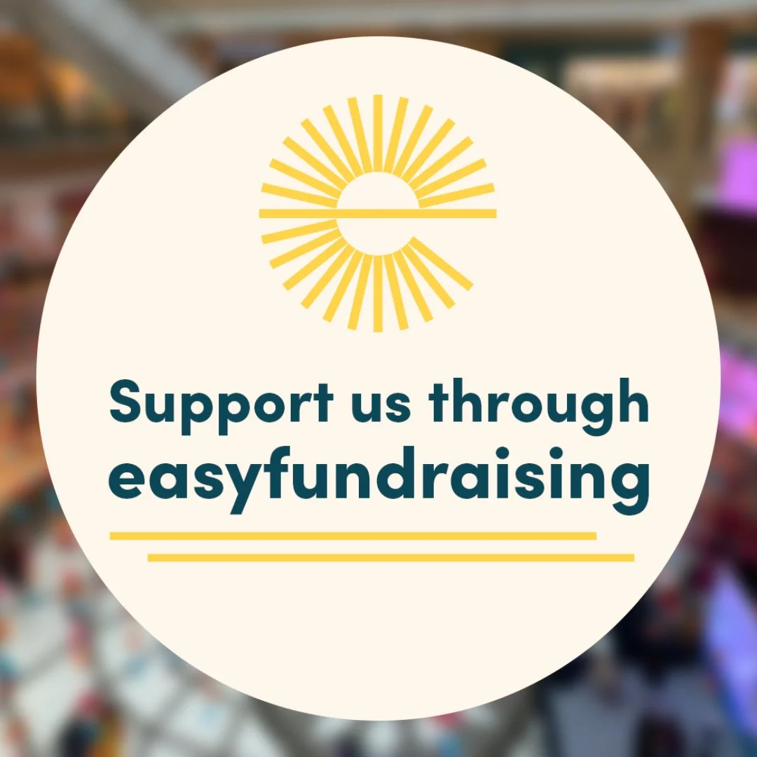 Circular graphic with a sun logo and text encouraging support through easy fundraising, set against a blurred background.