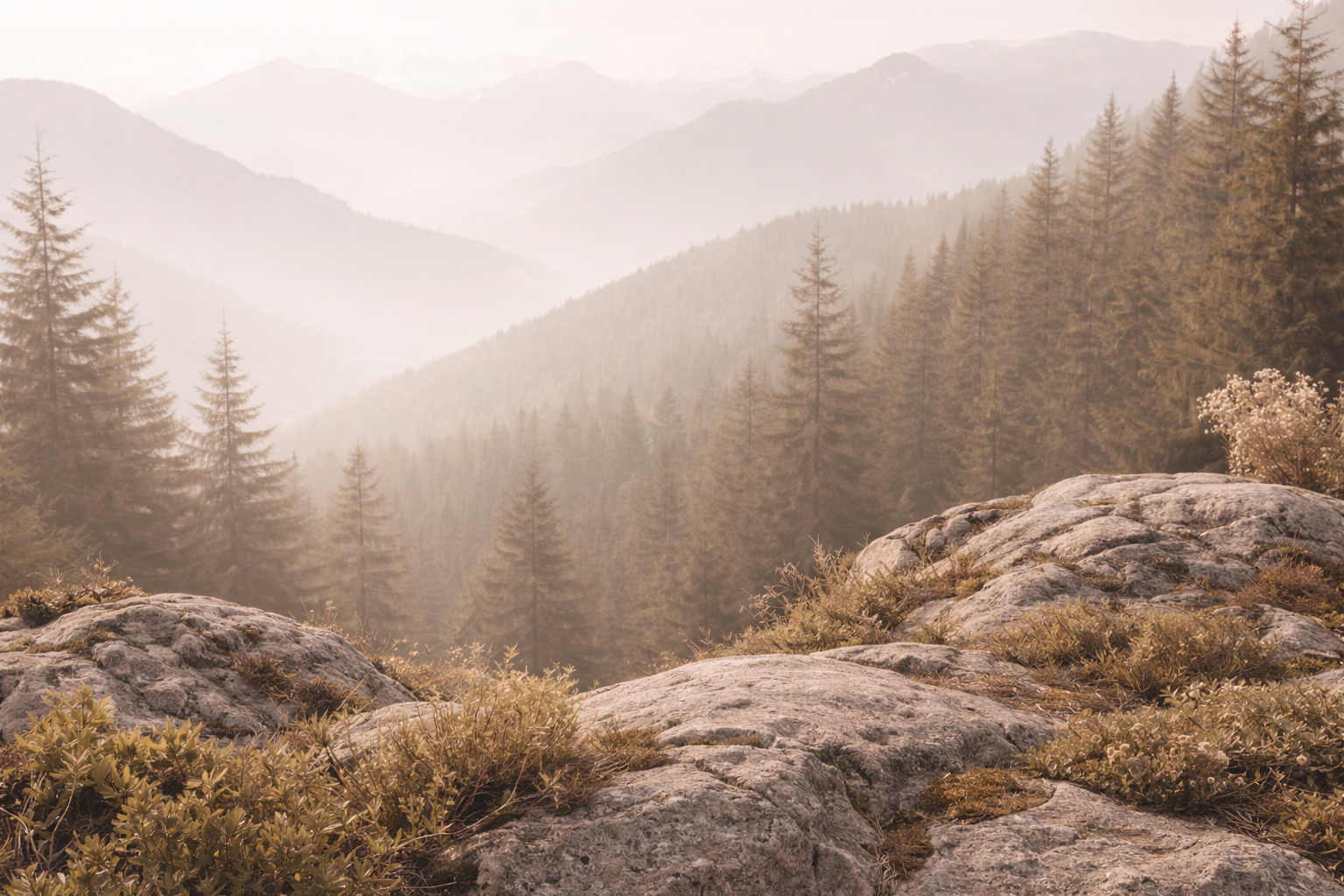 Sunlit mountain landscape with rocky foreground, pine trees, and distant misty mountains.