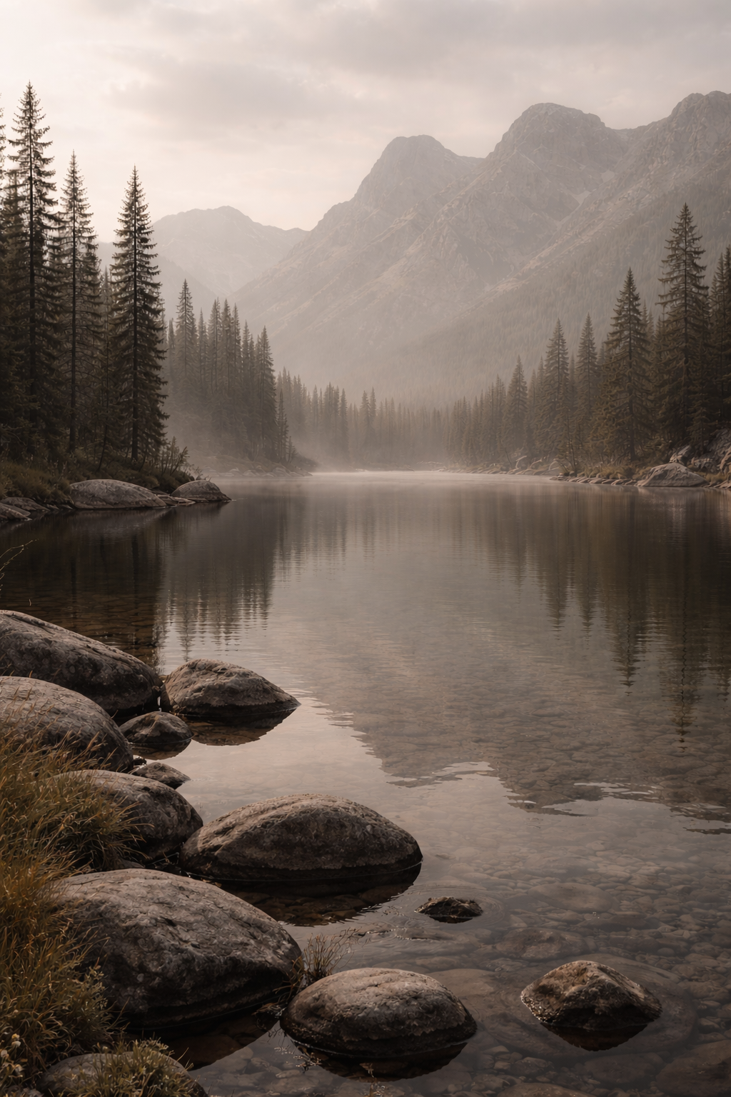 A peaceful mountain lake scene with large rocks in the foreground, pine trees along the shoreline, and tall mountains in the background, under a cloudy sky.