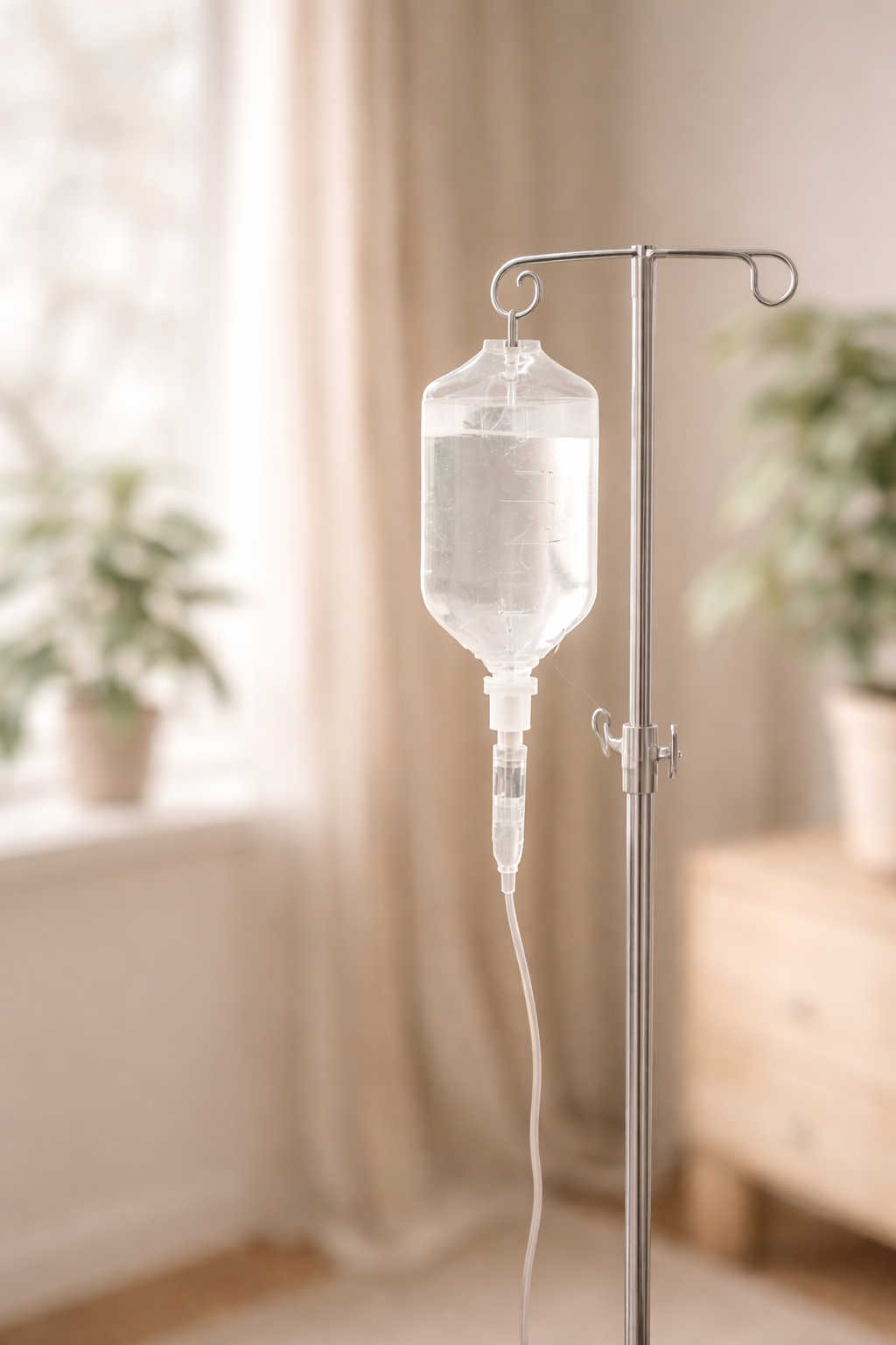 An IV drip bag filled with clear liquid hangs from a metal stand in a softly lit room with beige curtains and potted plants in the background.