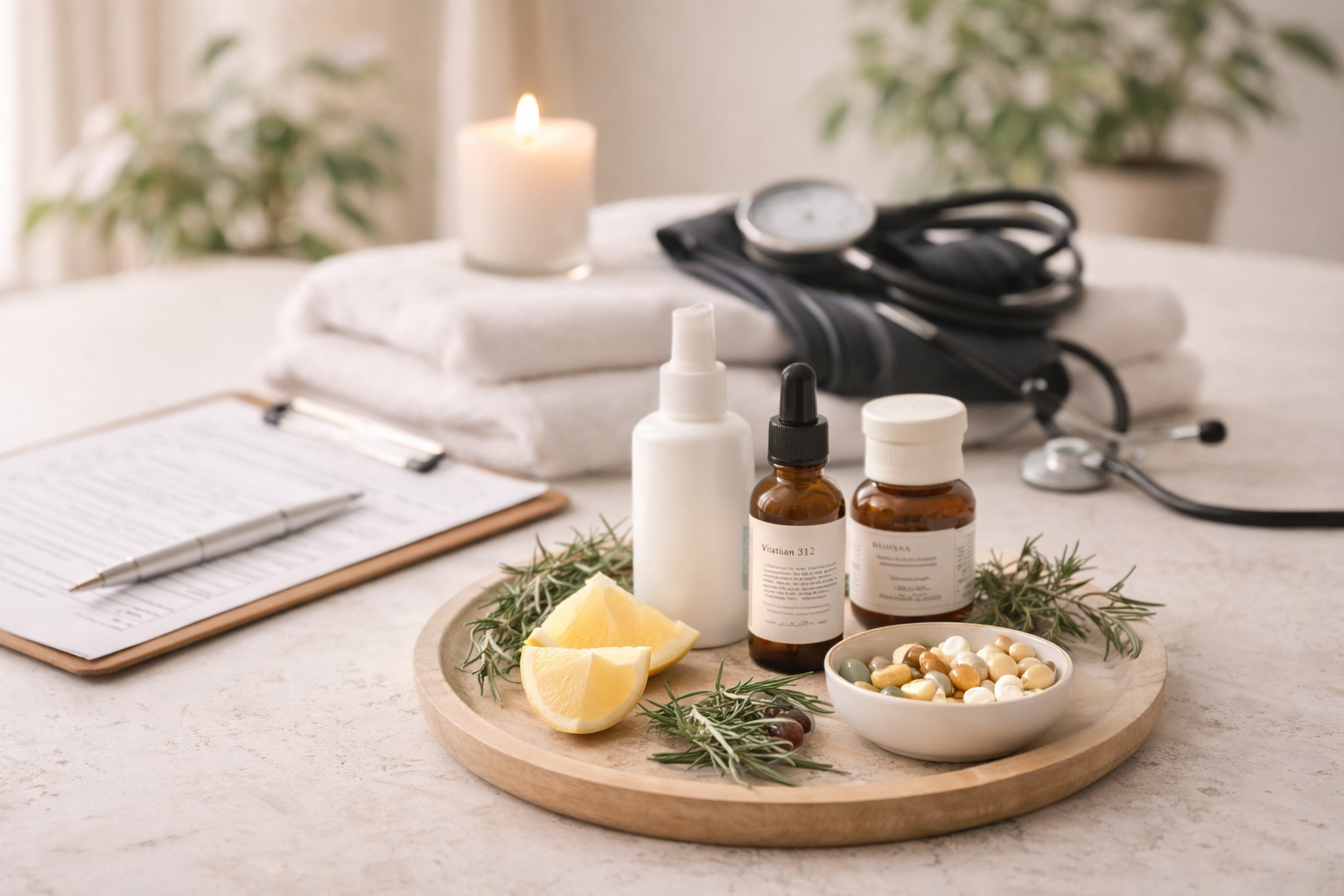 Medical supplies on a wooden tray, including lemon wedges, herbal sprigs, pills, and medication bottles, with a stethoscope, sphygmomanometer, and a lit candle in the background.