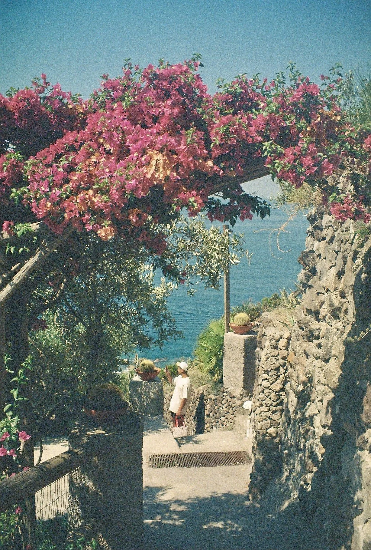 A scenic pathway leading to the ocean, framed by vibrant pink bougainvillea flowers, stone walls, and potted plants, with two people standing near the water's edge.