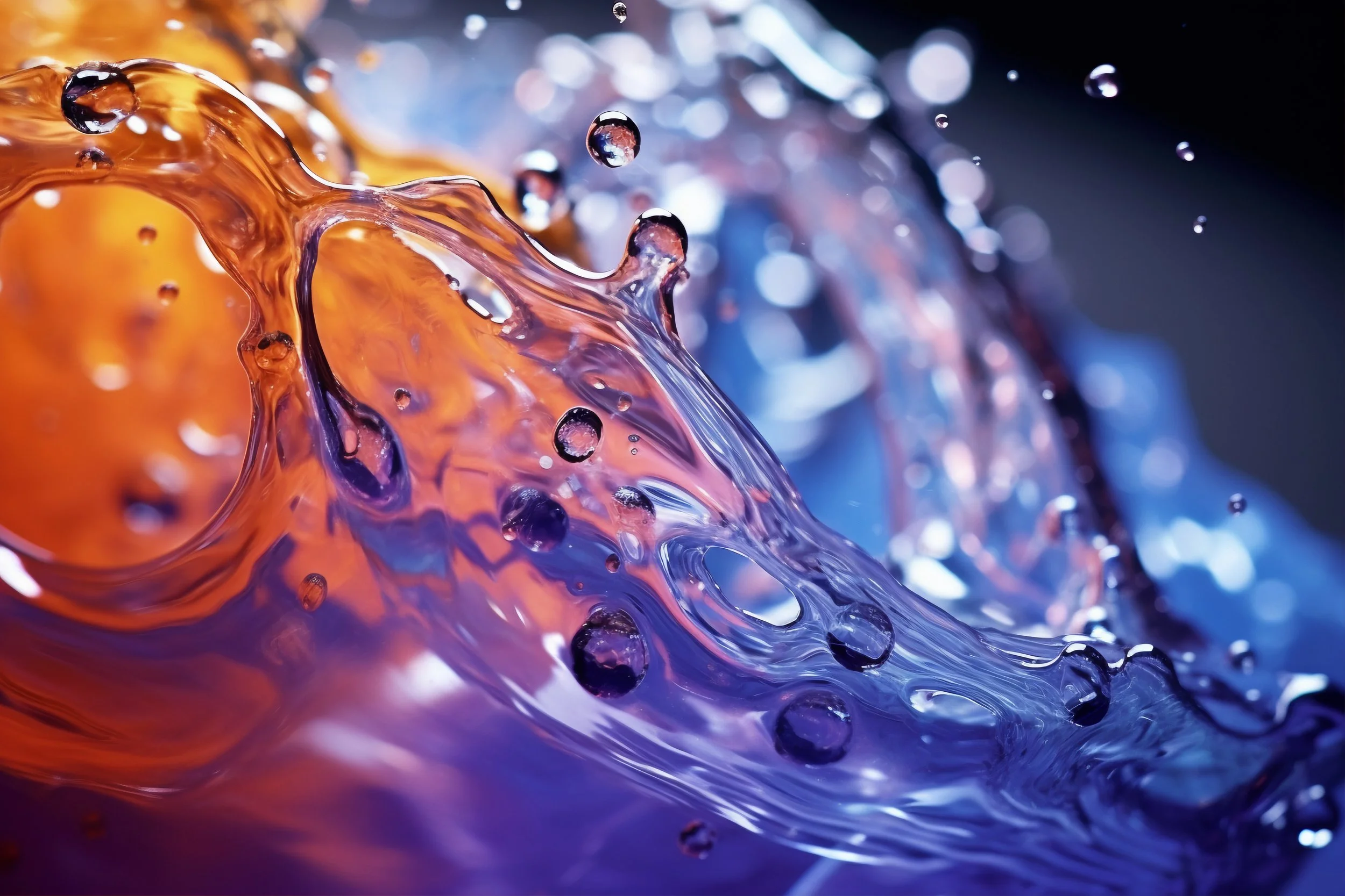 Close-up of colorful liquid with bubbles and flowing patterns, appearing abstract and vibrant.