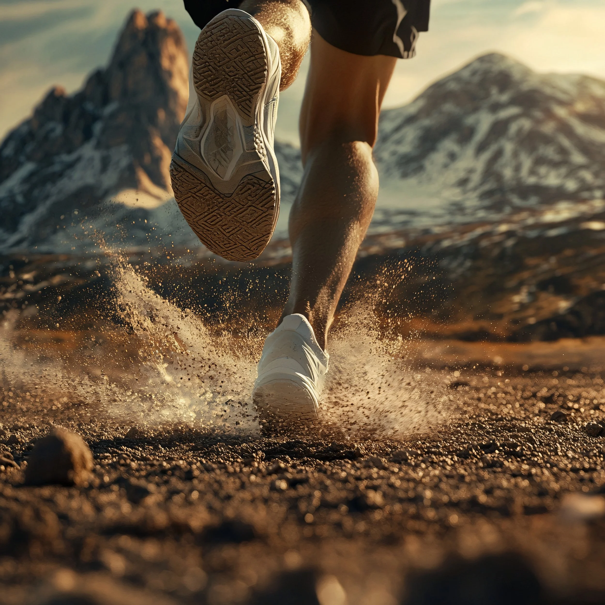 A person running on a sandy beach during sunset, wearing athletic shoes and shorts, with rocky formations in the background.