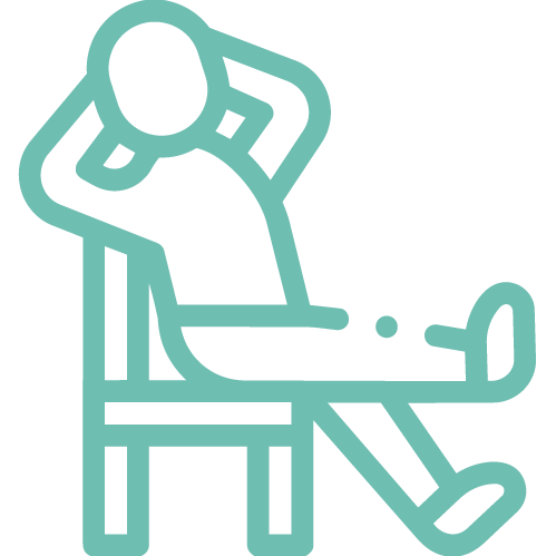 A line drawing of a woman sitting on a bench with her leg bent and resting on the bench, holding her head with one hand, portraying a distressed or tired emotion.