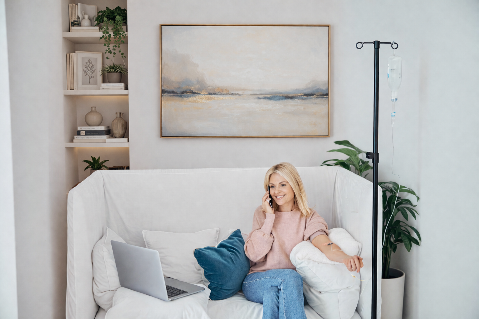Woman peacefully and safely having an IV treatment at home