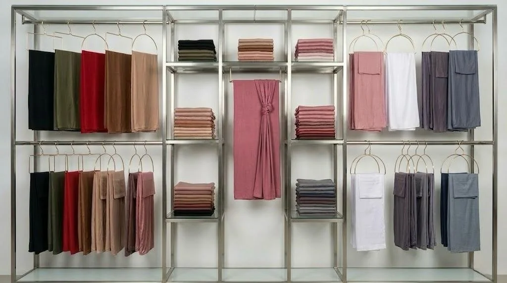 A display of neatly folded and hanging towels in various colors including black, red, pink, white, gray, and muted earth tones in a retail store setting.