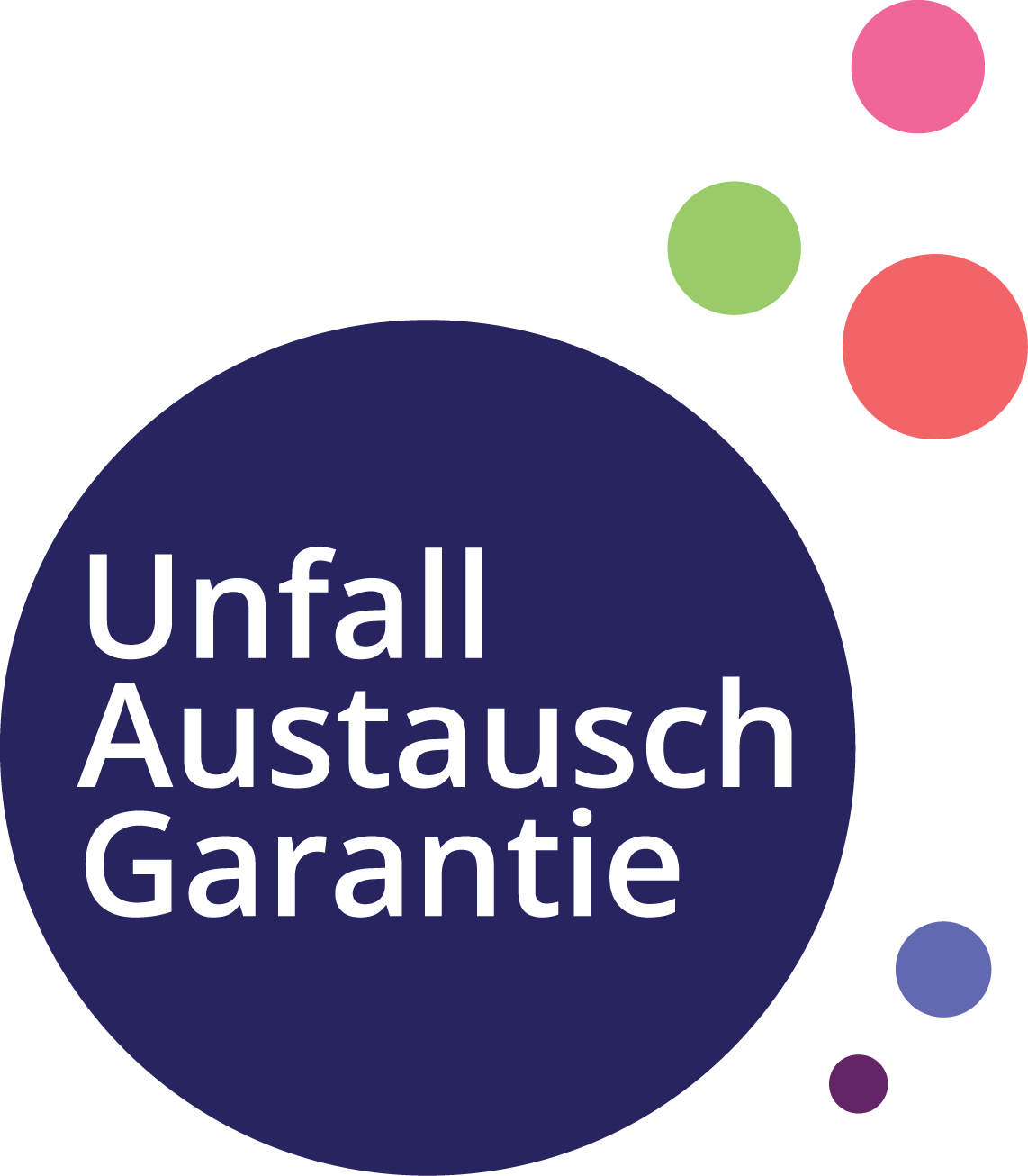 Grafik mit Text 'Unfall Austausch Garantie' auf schwarzem Hintergrund, dekoriert mit bunten Kreisen in pink, grün, blau und violett.