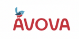 Logo mit einem blauen Vogel und rotem Text 'AVOVA'