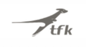 Schwarz-weißes Logo mit einem Dinosaurier und dem Text 'tFk'
