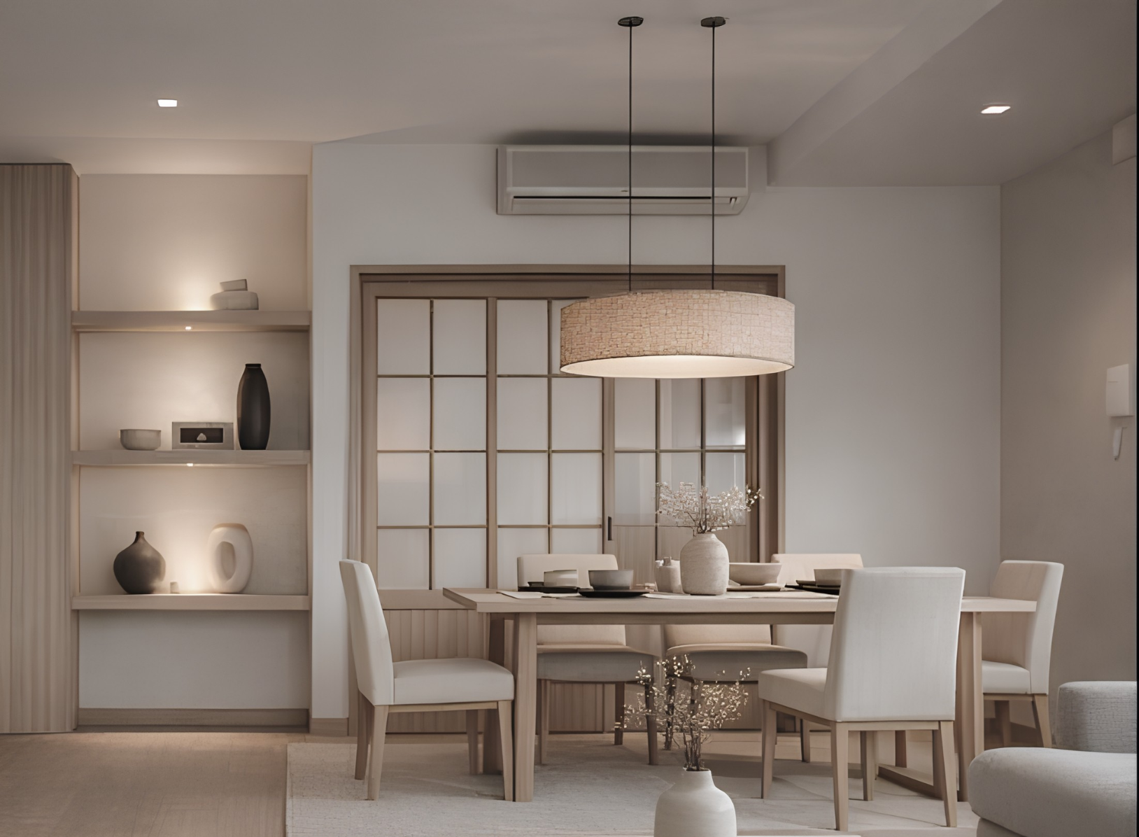 A minimalist dining room with beige chairs and a light wood dining table. There is a large round pendant light hanging above the table, and a vase with flowers on the table. The background features a shoji-style sliding door and built-in shelving with neutral decorative vases and bowls.