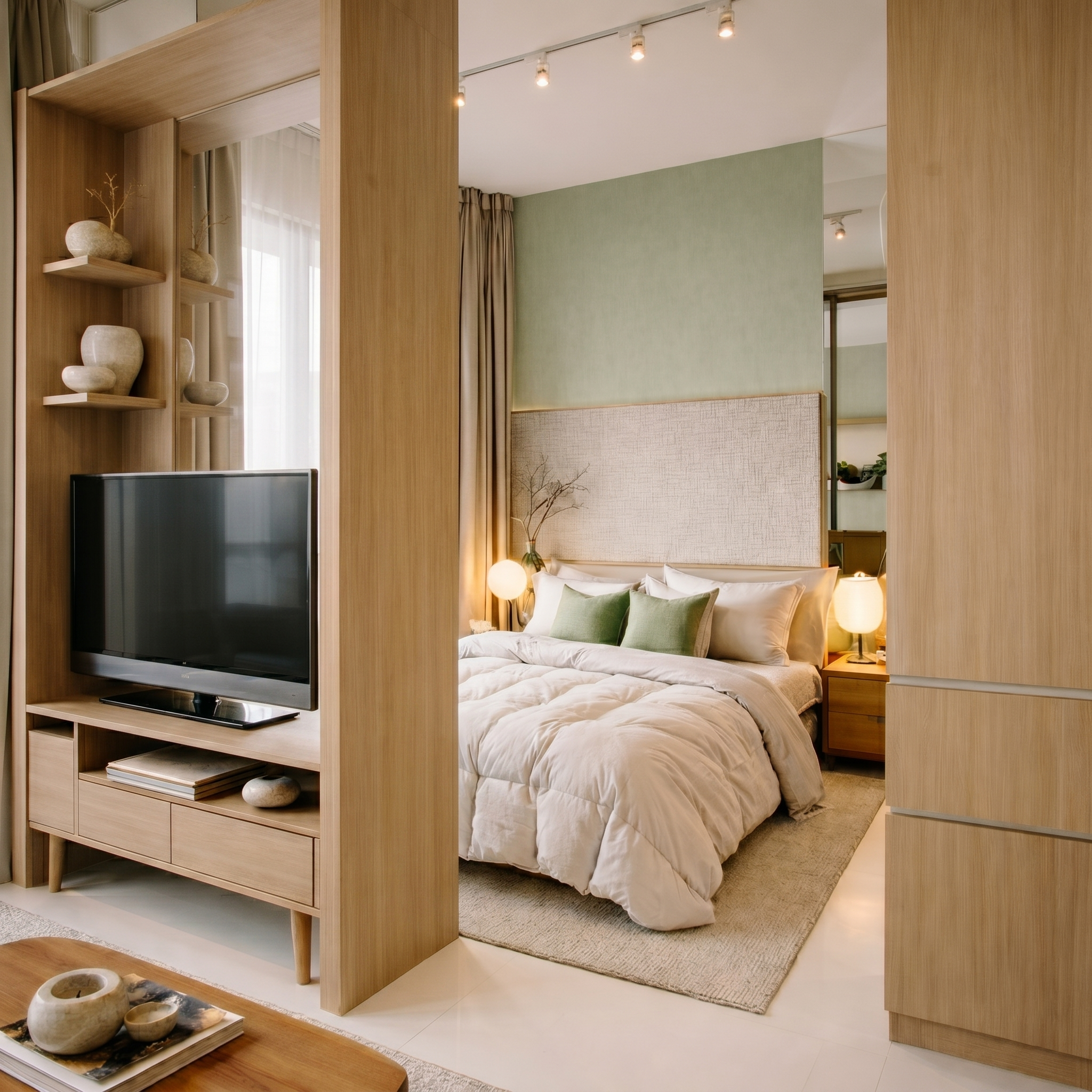 A modern bedroom with a bed with white bedding and green pillows, separated by a wooden partition with built-in shelves holding decorative vases. There is a beige rug, a curtain, and a soft glowing lamp on a nightstand.