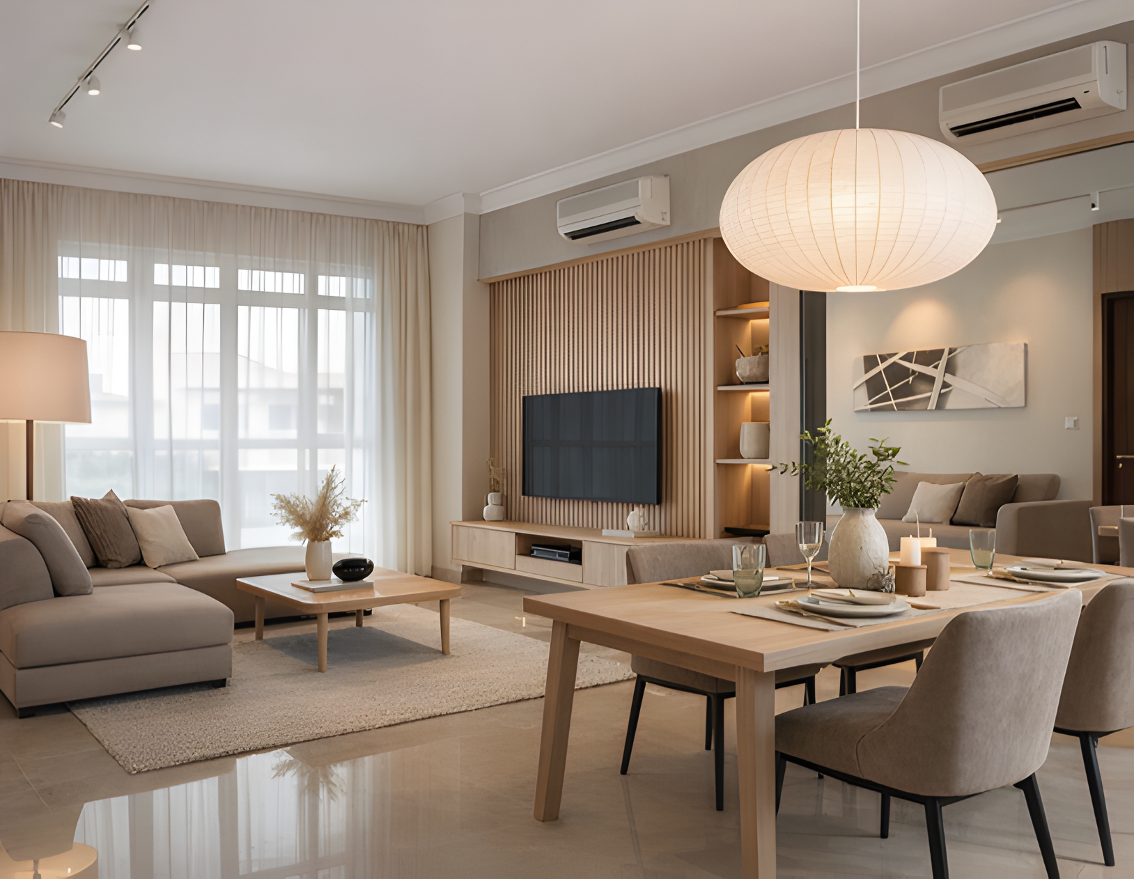 Modern living room with beige sofas, wooden coffee table, flat-screen TV on a wooden slatted wall, large window with light curtains, dining table with place settings, potted plant, soft lighting, and minimalist decor.