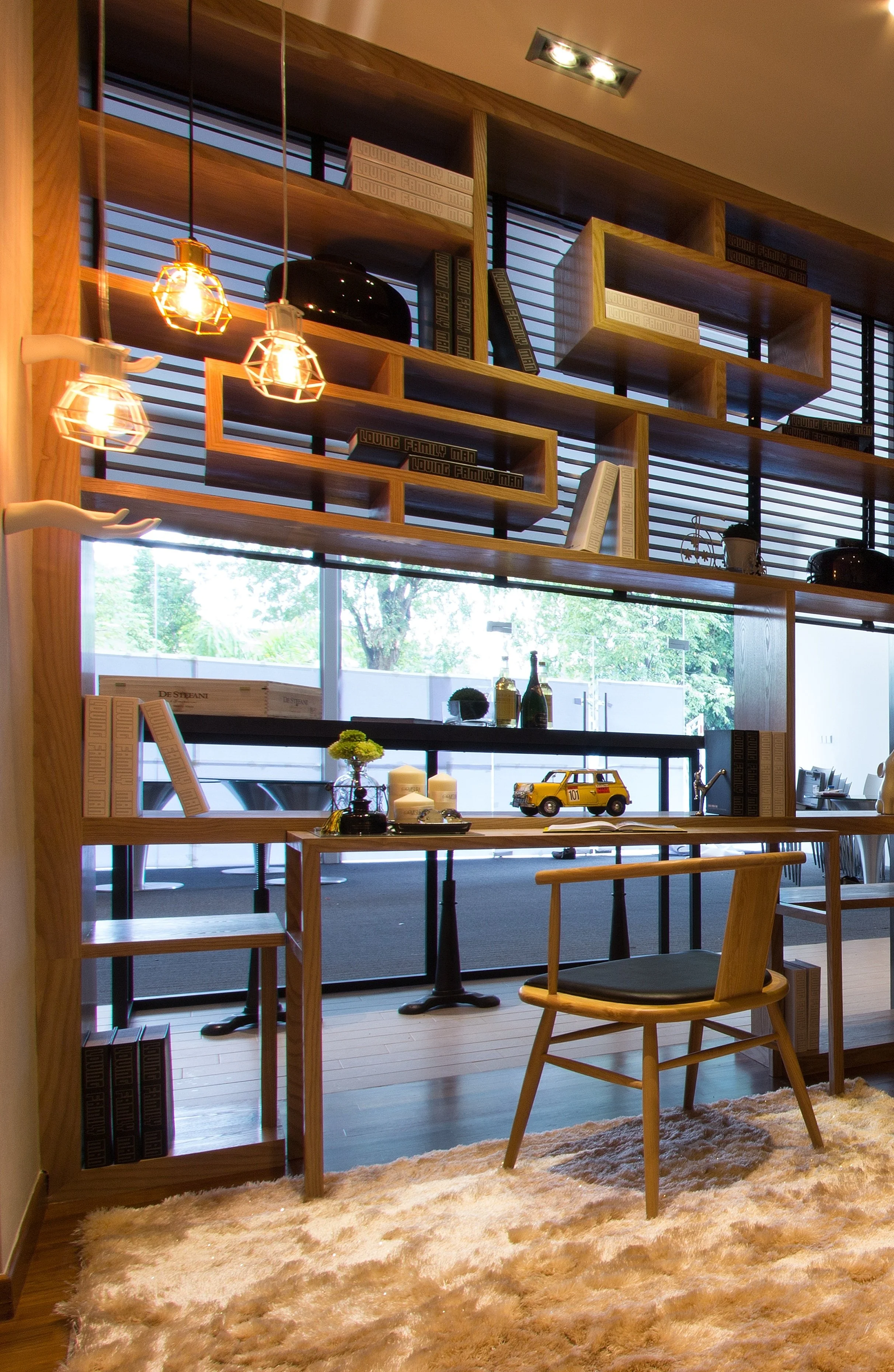 Modern interior with wooden bookshelves, a small table with decorative items, a plush beige rug, and large windows with blinds.