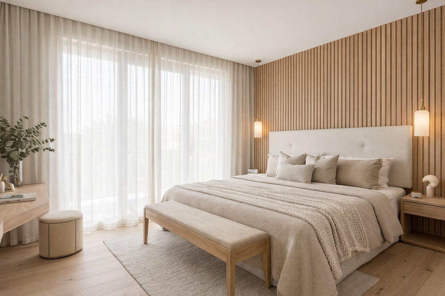 A modern, well-lit bedroom with a large bed featuring beige linens, a padded headboard, and multiple pillows. There is a wooden bench at the foot of the bed, two pendant lights hanging on either side, a nightstand with decorative objects, a half-moon