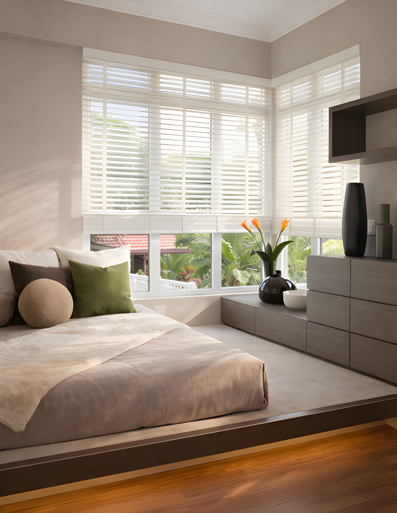 A bright, modern bedroom with large windows covered by white blinds, a bed with beige linens and decorative pillows, and a dresser with a vase of orange flowers and black and silver decor.