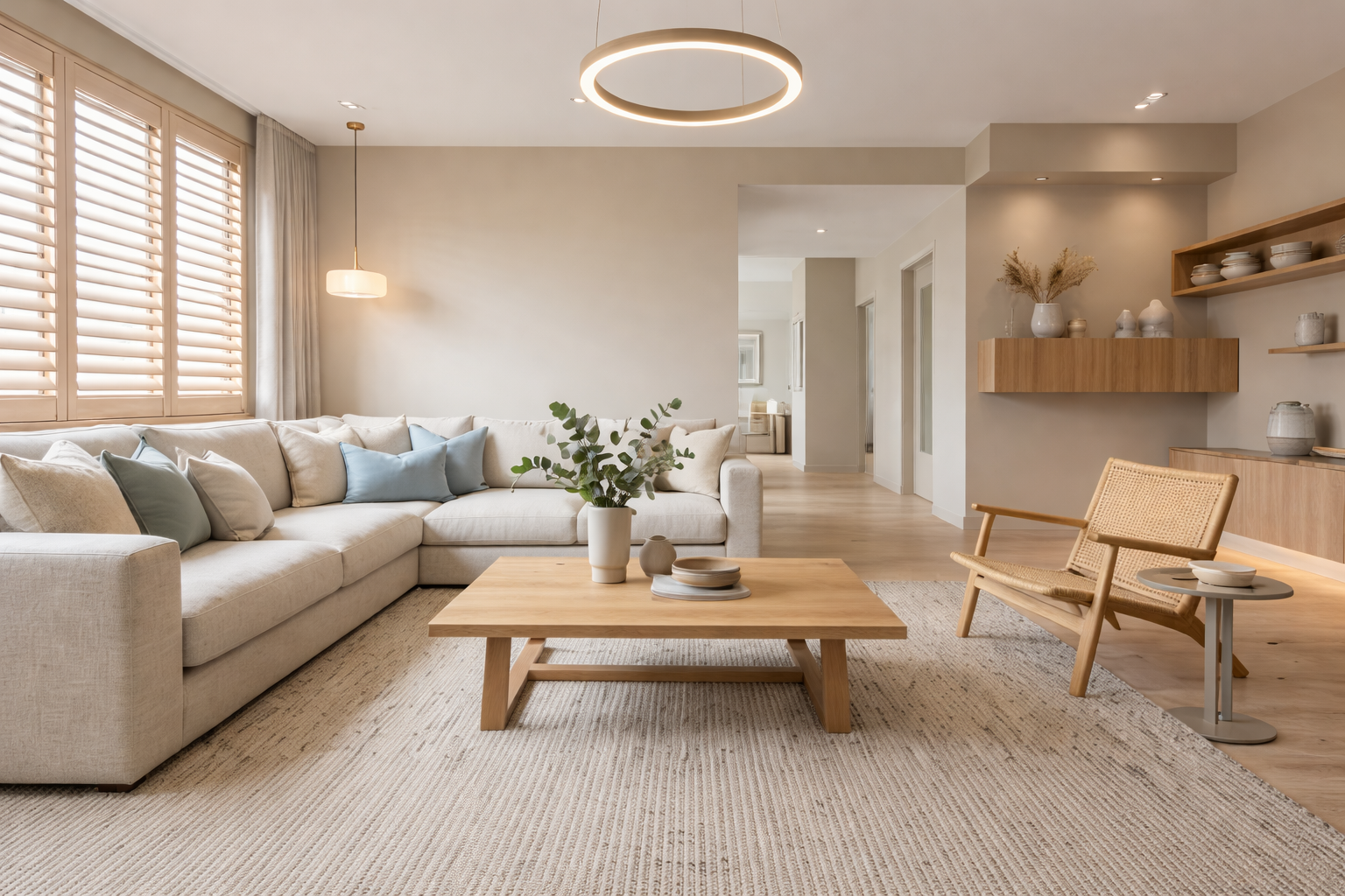 Bright living room with large beige sofa, wooden coffee table with vase and plates, armchair, and natural light from windows with blinds, minimal decor, and neutral tones.