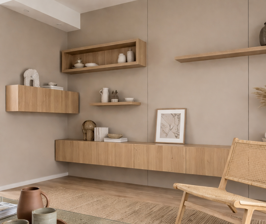 Minimalist living room with beige walls, light wood floating shelves, and a beige wooden console. Decor includes vases, bowls, framed artwork, and decorative items in neutral tones. There is a woven chair and a small rug on the wooden floor.