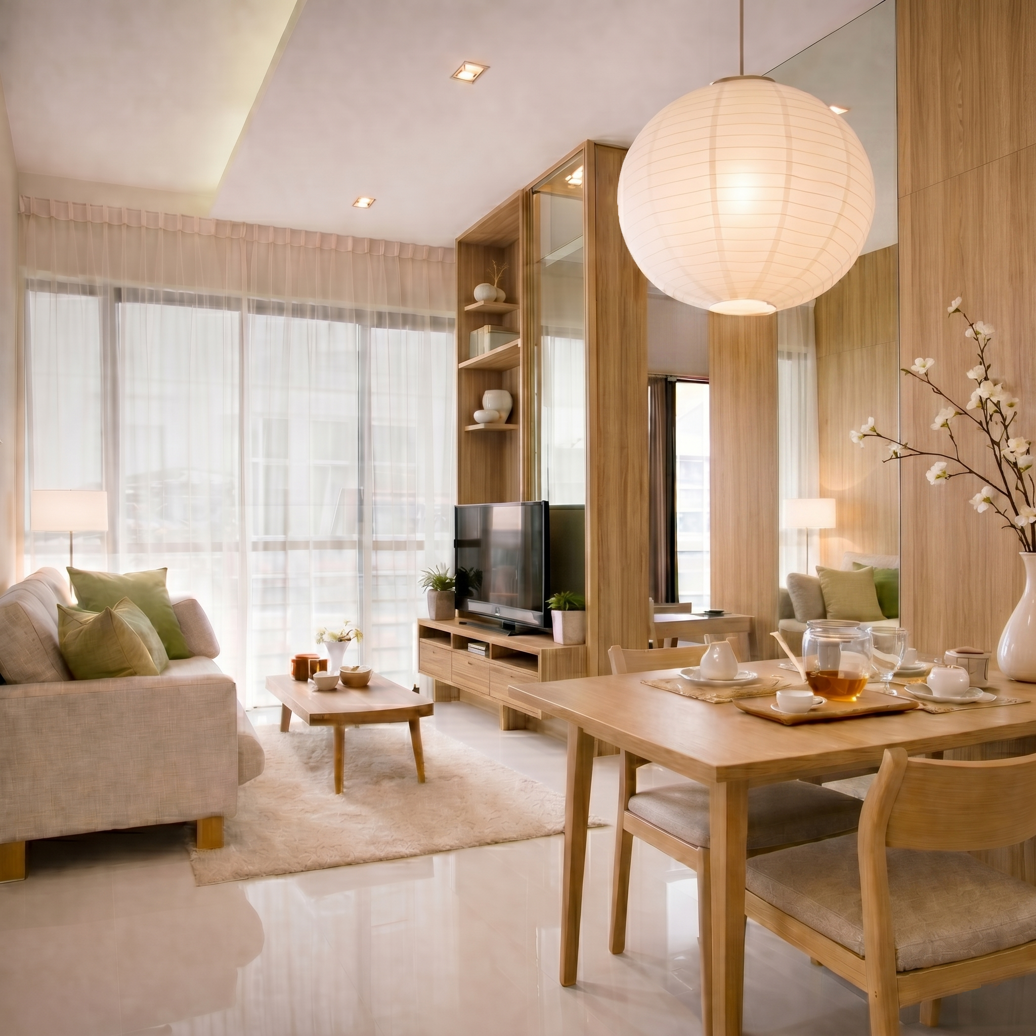 A modern living room with a beige sofa with light green pillows, a wooden coffee table with bowls and cups, a wooden TV stand with potted plants, and a large round paper lantern hanging from the ceiling. Floor-to-ceiling windows with sheer curtains are in the background, allowing natural light to brighten the space.