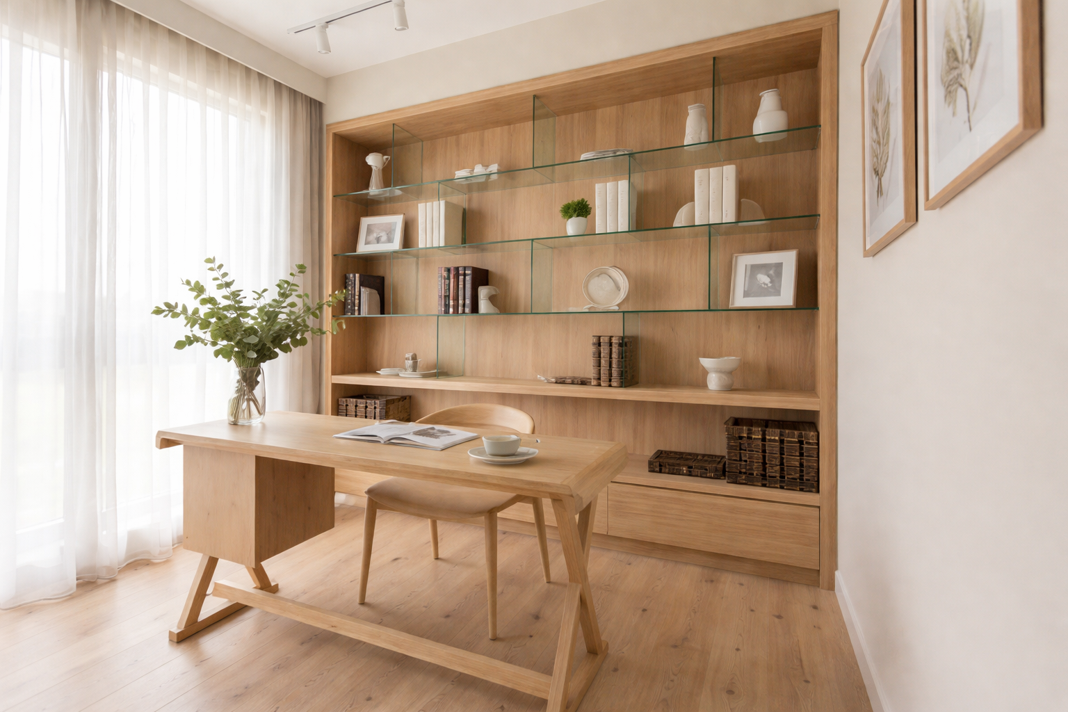 A minimalist home office with a wooden desk, beige chair, large window with sheer curtains, and a built-in wooden bookshelf with glass shelves decorated with white vases, framed photos, books, and decorative items.