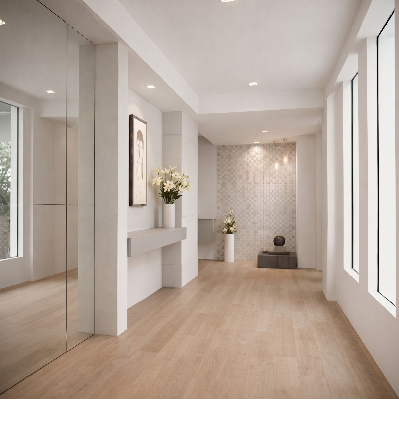 Modern, minimalist interior with light wood floors, white walls, large windows, and decorative vases with white flowers.