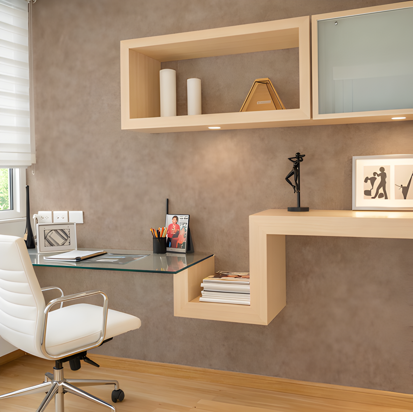 Modern office space with a white ergonomic chair at a glass desk, a framed picture, a container of pens, a laptop, a stack of magazines, a wall shelf with candles, decorative items, and a framed artwork of a person lifting weights.