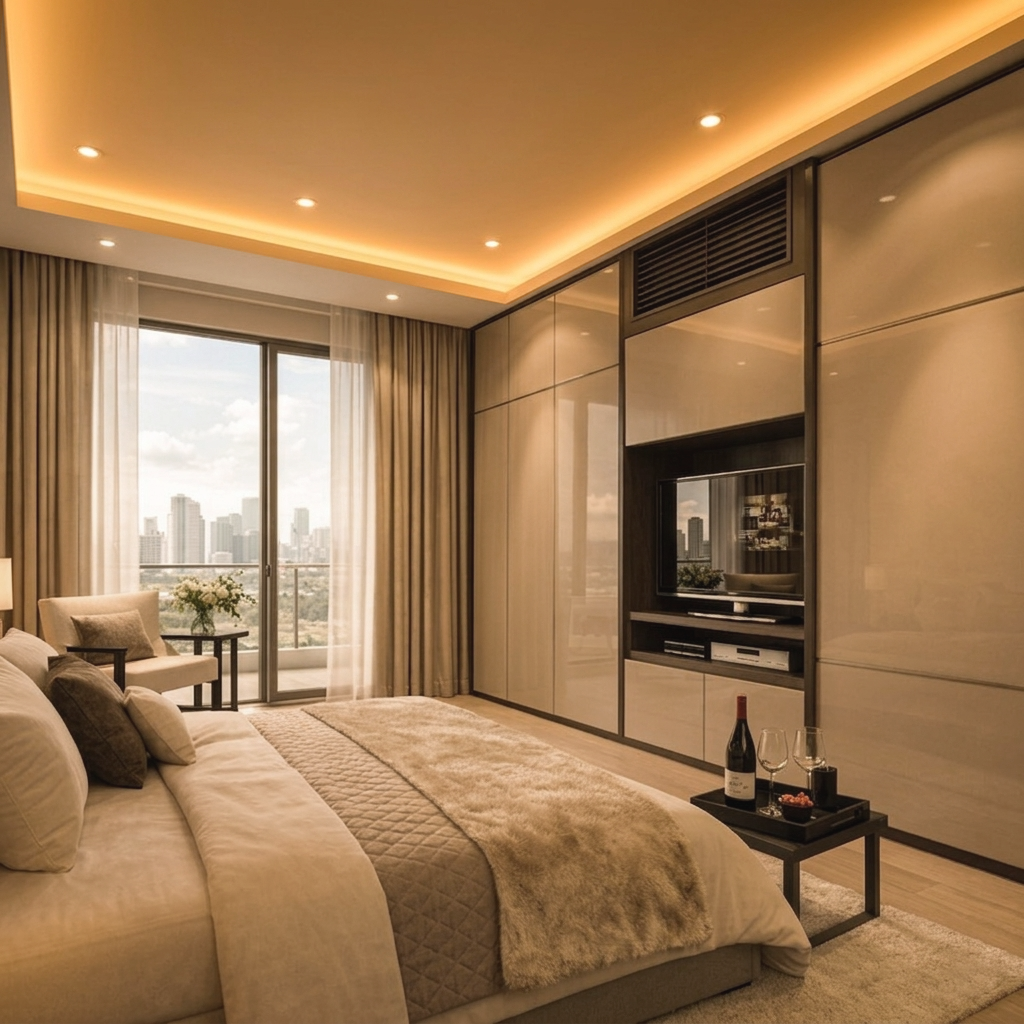 Luxurious modern living room with a large window view of city skyline, beige and neutral decor, TV mounted on wall, coffee table with wine and glasses, and cozy bedding.