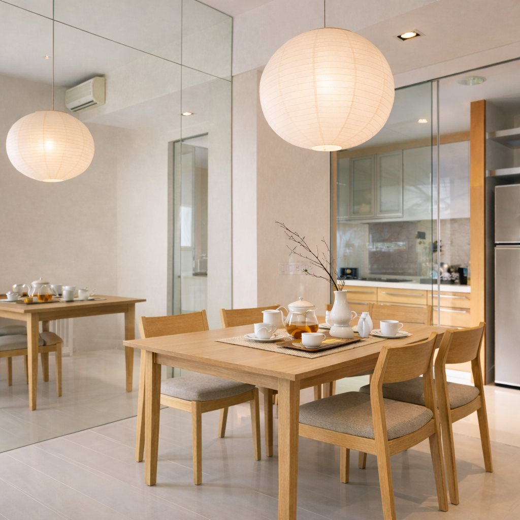 A dining room with a wooden table set with teacups, a teapot, a pitcher, and a vase with branches. There are four wooden chairs around the table, and a larger window or glass partition behind it. The room has a ceiling with a round paper lantern and recessed lighting.