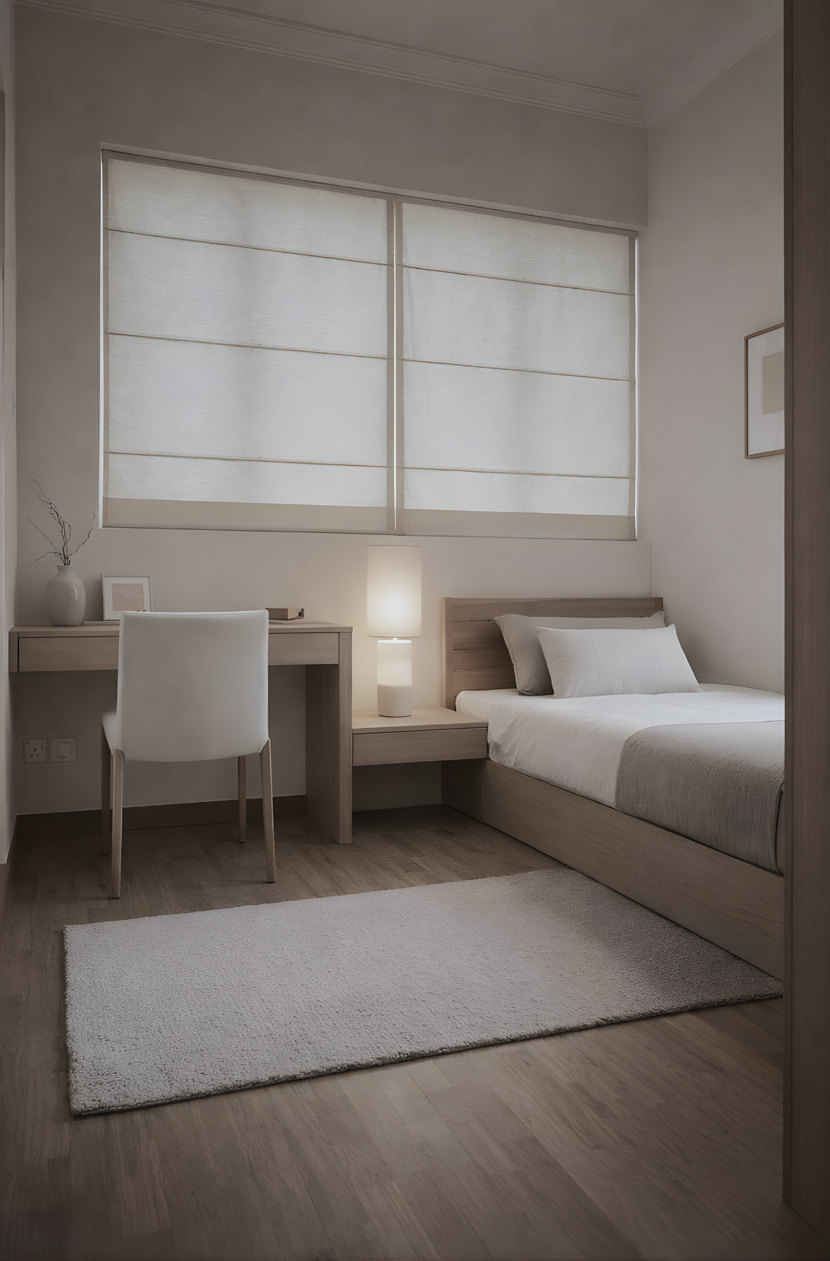 Minimalist bedroom with light wood furniture, a bed with white bedding, a nightstand with a lamp, a desk with a white chair, and a large window with beige blinds.
