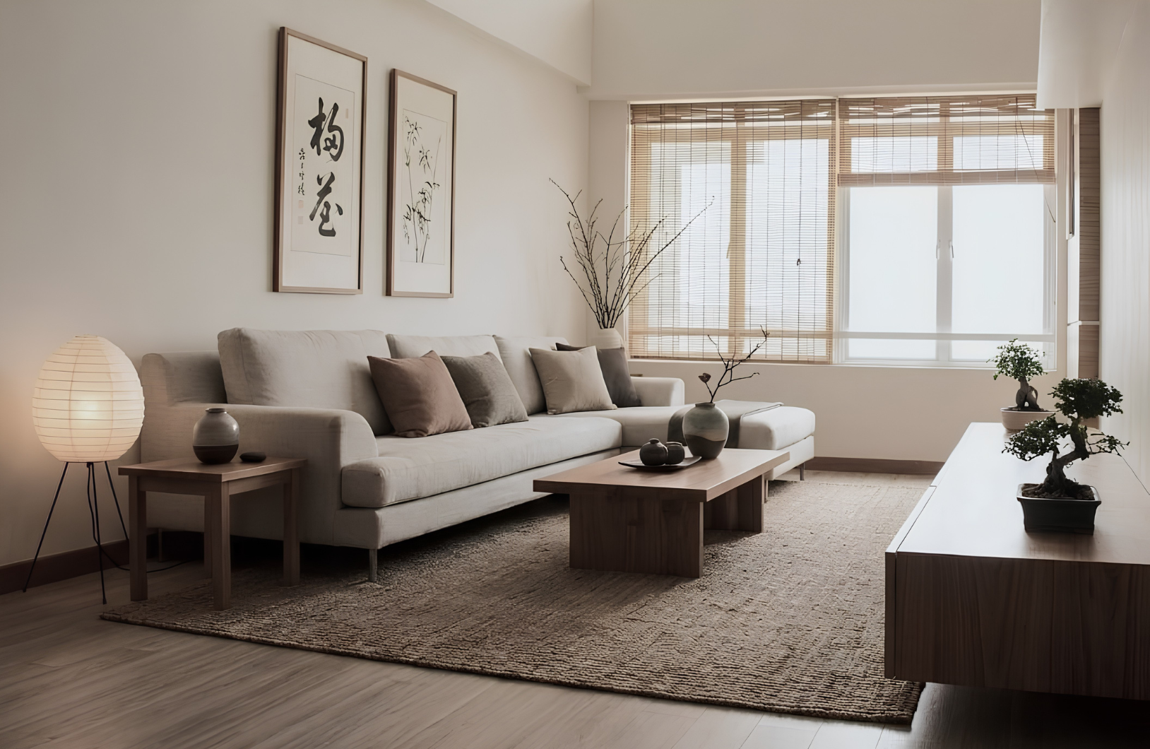 Living room with a white sofa, wooden furniture, decorative pillows, plants, and wall art with Asian calligraphy and sketches, illuminated by natural light through bamboo blinds.