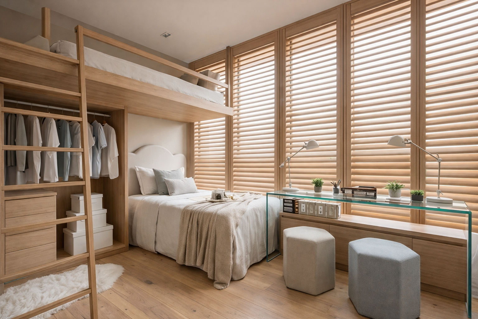 A cozy bedroom with a loft bed, open closet with hanging clothes, a bed with pillows, and a glass desk with plants and lamps, set against large wooden slat window coverings.
