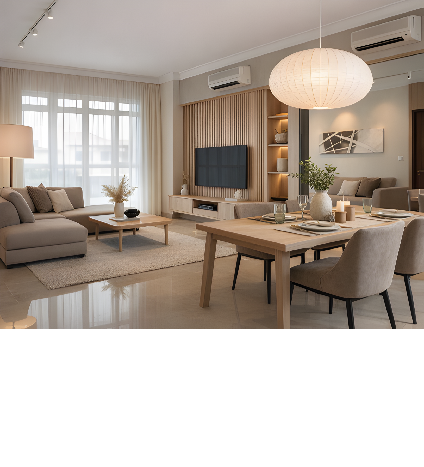 A modern living room with beige sofas, a wooden coffee table, a TV on a wooden entertainment unit, and large windows with sheer curtains, decorated with greenery and artwork.