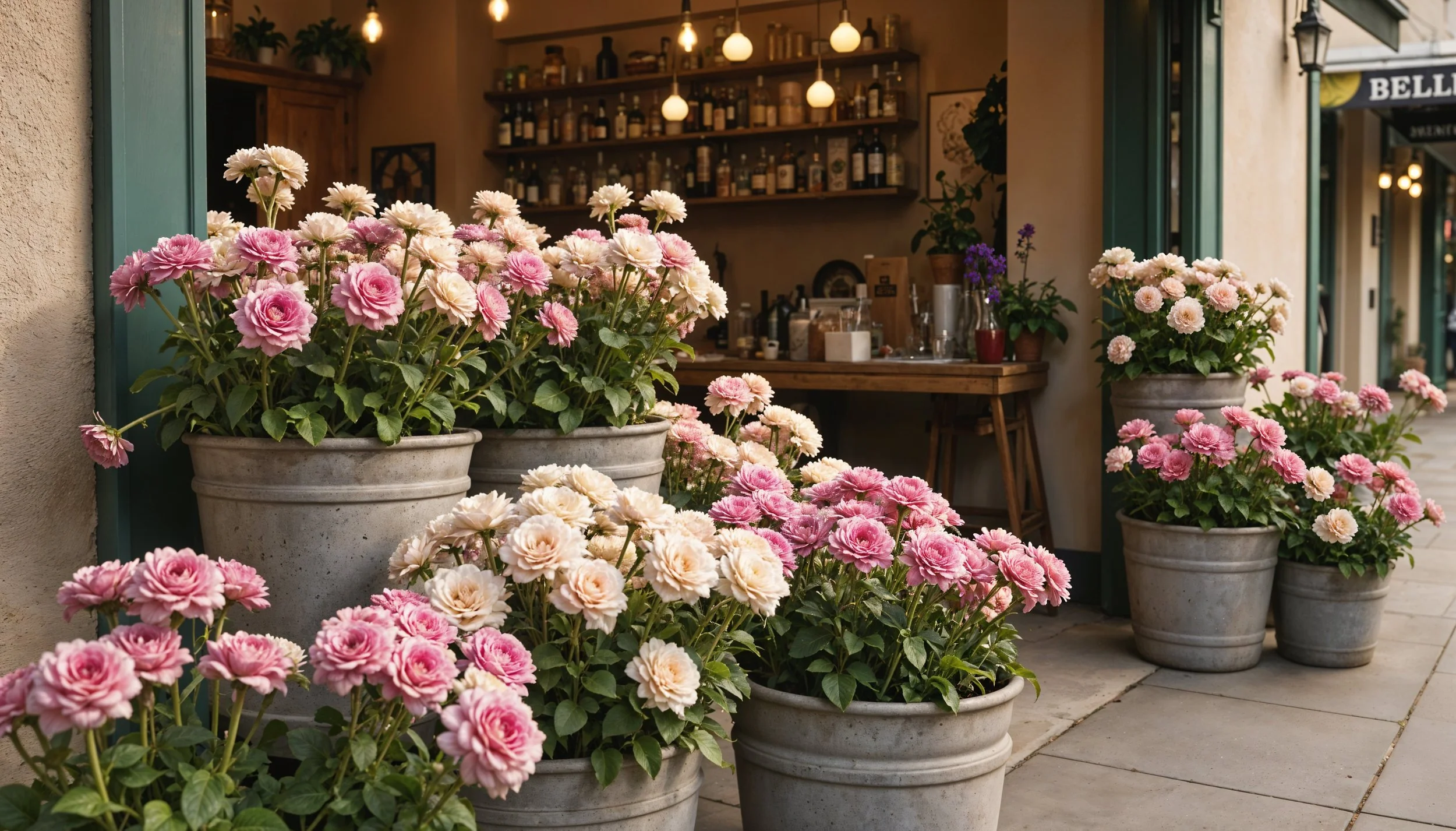 Pink and white flowers in large gray pots outside a café with a view of the interior shelves and hanging lights.