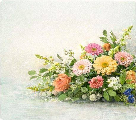 A bouquet of colorful flowers including pink, yellow, orange, white, and blue blooms with greenery on a light background.