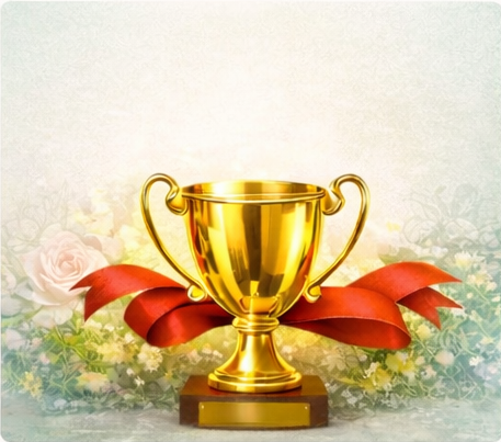 Golden trophy cup on a base, decorated with red ribbons and floral background, symbolizing achievement and victory.