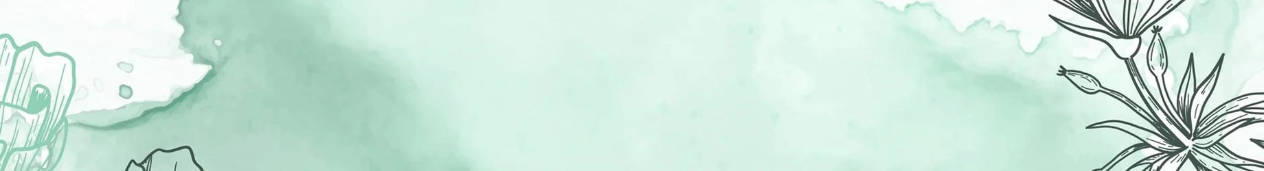 A watercolor-style illustration featuring abstract floral and leaf designs in shades of green and black.