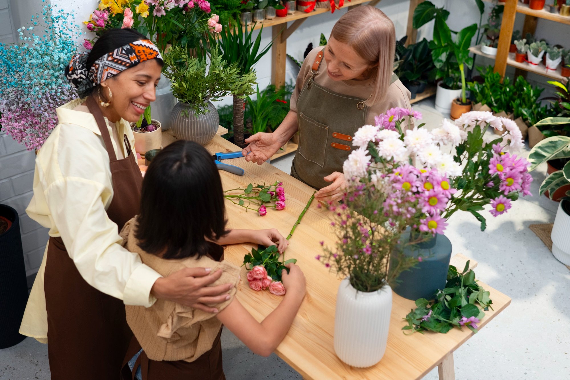Four women are gathered around a wooden table in a flower shop, arranging and learning about flowers and plants. The shop is filled with various colorful flowers and potted plants. One woman is demonstrating flower arranging to the others, and everyone is smiling and engaged in the activity.